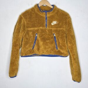 Nike Cropped Fleece Jacket Womens Sz XS 1/4 Zip Gold Yellow Blue Sherpa Pullover